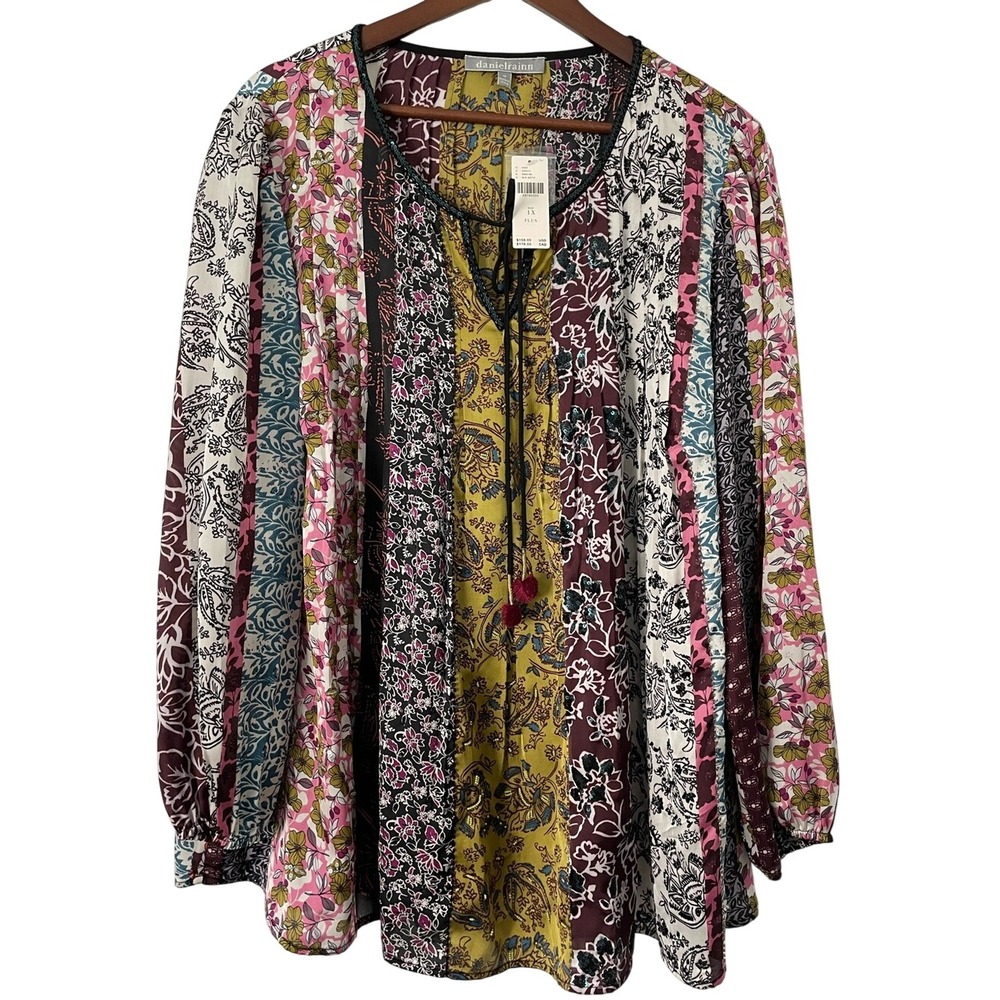 Daniel Rainn Anthropologie 1X Plus Patchwork Tunic Blouse Beaded Sequin Boho